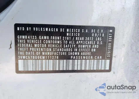 2019 Volkswagen Jetta 1.4T R-Line/1.4T S/1.4T Se z USA, uszkodzony, nr VIN 3VWC57BU0KM111278